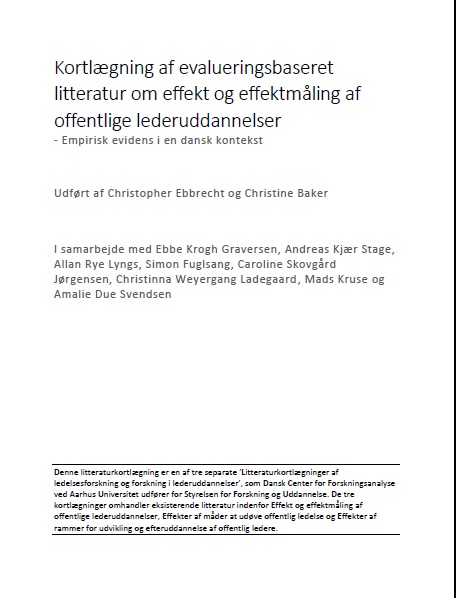 Kortlægningens formål er at etablere et lettilgængeligt overblik over de væsentligste evalueringsbaserede artikler og publikationer indenfor temaet ’effekt og effektmåling af offentlige lederuddannelser’, og præsentere den vigtigste evalueringsbaserede evidens inden for temaet.