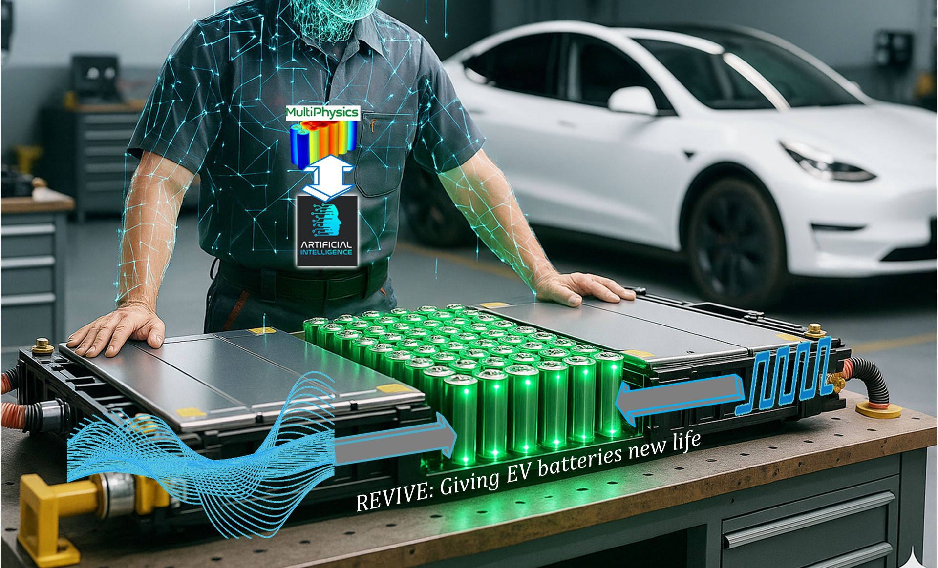 Fotocollage af batterier til elbiler Fotocollage af en hvid elbil, grønne batterier og en person med en mørkegrøn t-shirt med et AI-mærke. Kilde: Farshid Naseri